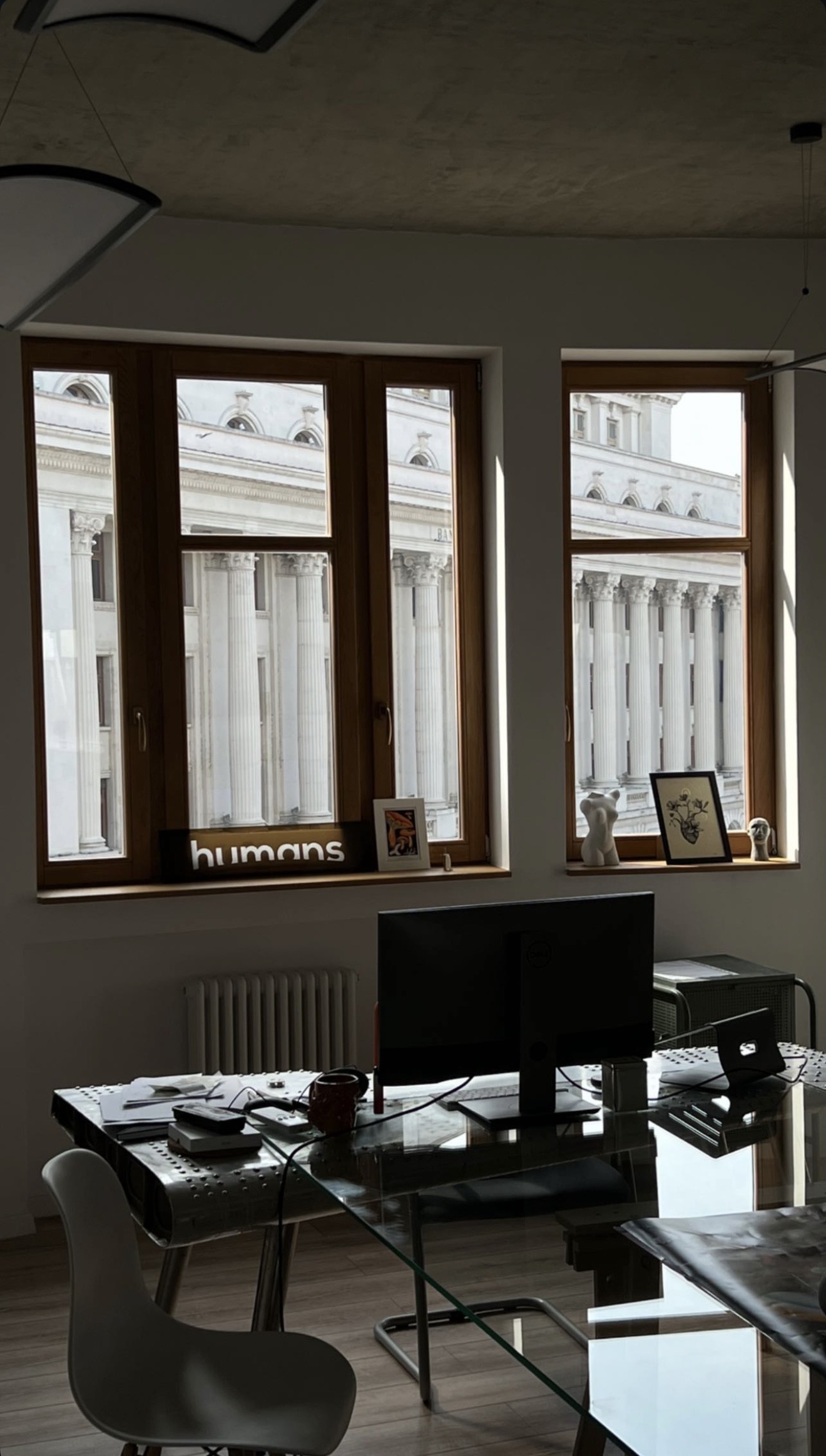 Office desks looking out onto the central Bucharest skyline